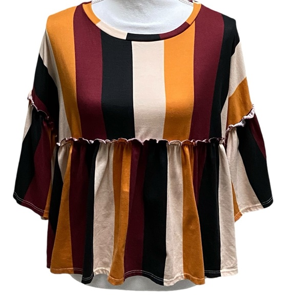 Women’s Vine & Love Vertical Stripe Flair Sleeve Oversized‎ Babydoll Top - Picture 2 of 9